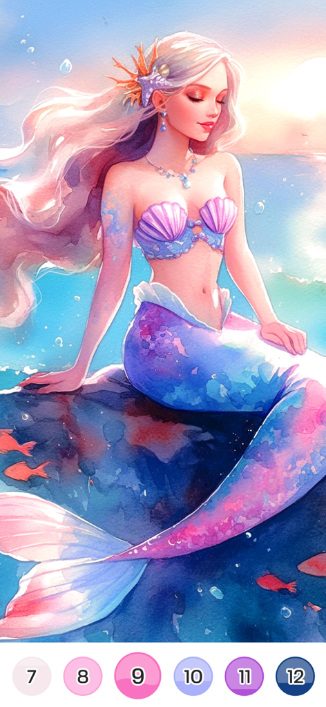 Une illustration à l'aquarelle d'une sirène assise sur un rocher au bord de la mer dans le jeu de coloriage par numéro Color Up.