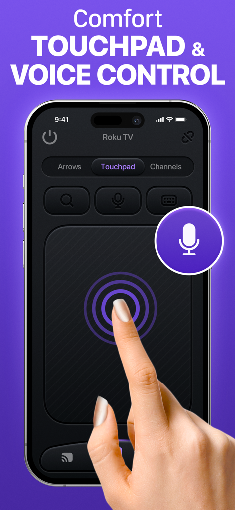 Smart Remote Control & TV Cast - Tela do iPhone mostrando a interface do touchpad e controle de voz do aplicativo Smart Remote Control conectada a uma TV Roku