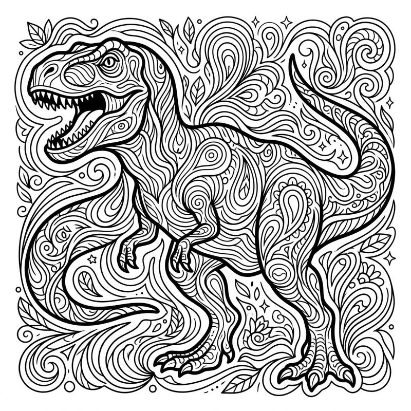 Encounter the magnificent Megalosaurus reimagined through a mind-bending psychedelic lens. This intricate coloring page invites you to explore a world of swirling patterns and ancient power.