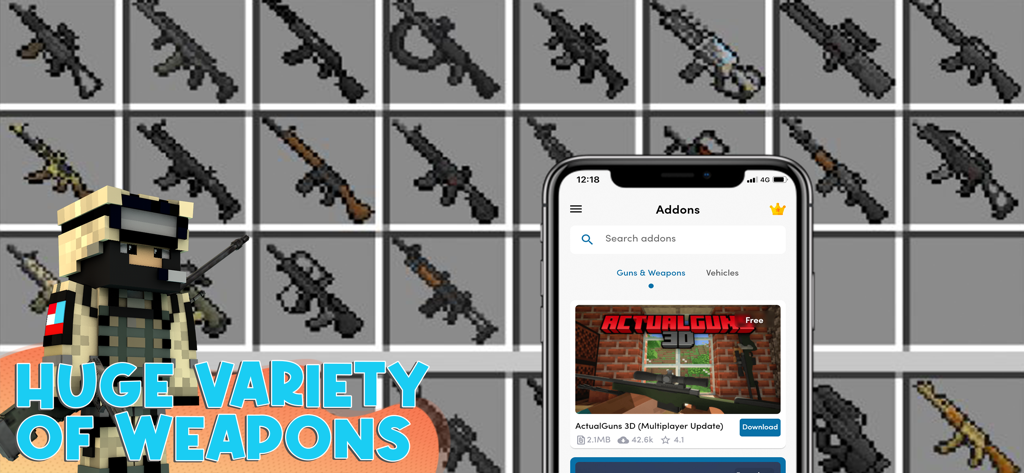 Weapons & Cars Addons for MCPE - App screen showing a huge variety of weapon addons for Minecraft Pocket Edition