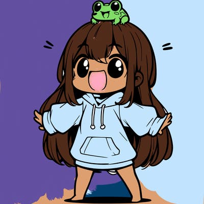 a excited chibi girl whith long hair and a baggy shirt whith a frog on there head