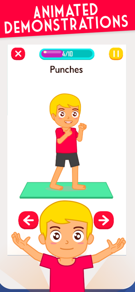 Exercise for Kids at home - Screenshot of the kids workout app showing an animated cartoon boy demonstrating a punches exercise.