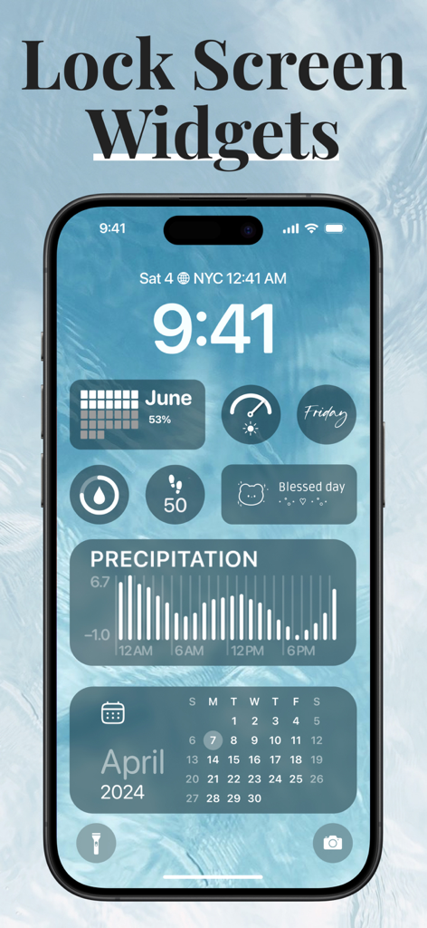 Pantalla de bloqueo de iPhone estético personalizado con widgets azules para calendario y seguimiento de actividad