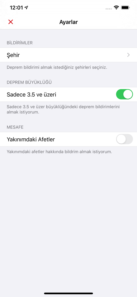 eAfad - The settings interface of the eAfad app for managing earthquake and disaster notifications.