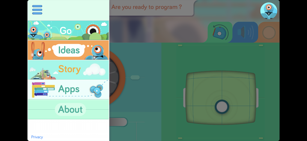 Go for Dash & Dot Robots - Menú de navegación de la aplicación educativa Go for Dash and Dot robots que muestra secciones para Ideas y Cuentos de Go