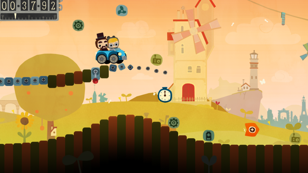 Bumpy Road - A couple in a blue car traveling on a bumpy road with a windmill and lighthouse in a whimsical art style.