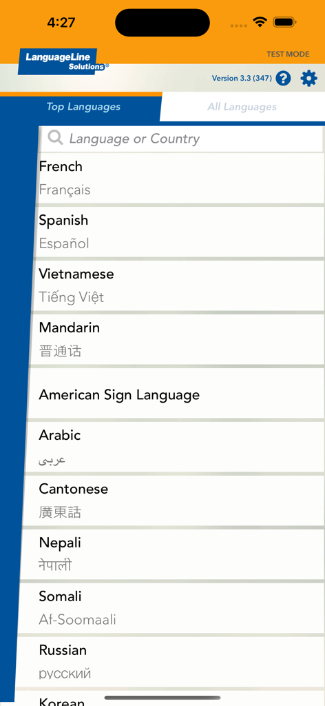 LanguageLine InSight - LanguageLine InSight mobile app interface showing a list of languages including Spanish and American Sign Language for professional interpretation.
