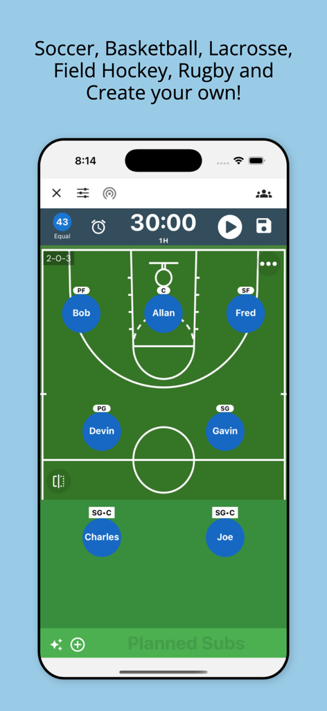 SubTime app interface showing a basketball court lineup with player positions and game timer