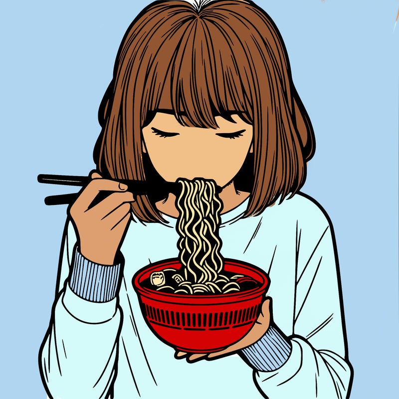 a girl realistic eating ramen noodles