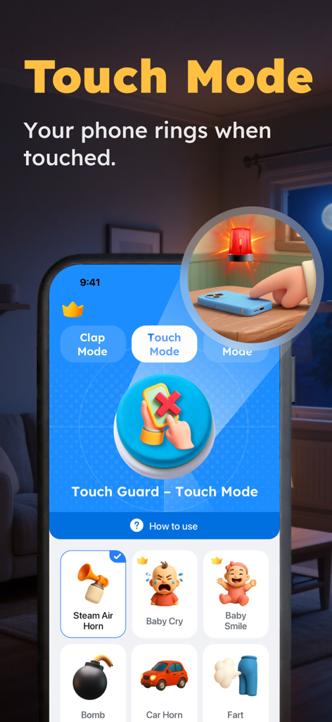 ClapBack: Antilost - Smartphone screen showing the Touch Mode feature of the ClapBack app with several alarm sound options like air horn and baby cry.
