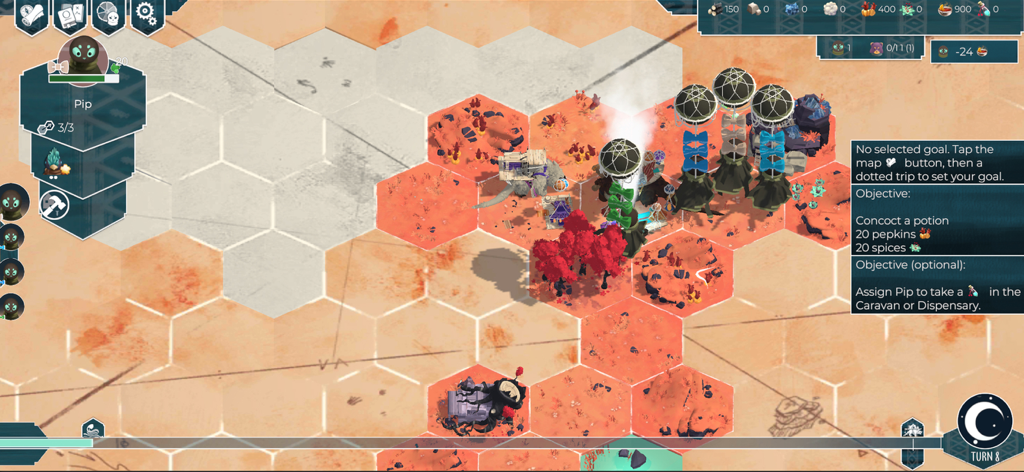 As Far As The Eye - Draufsicht auf die sechseckige Karte und die Benutzeroberfläche für das Ressourcenmanagement in As Far As The Eye