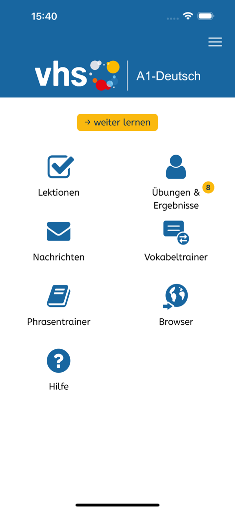 Startbildschirm der A1-Deutsch-App mit Lektionen, Vokabeltrainer und Übungen.