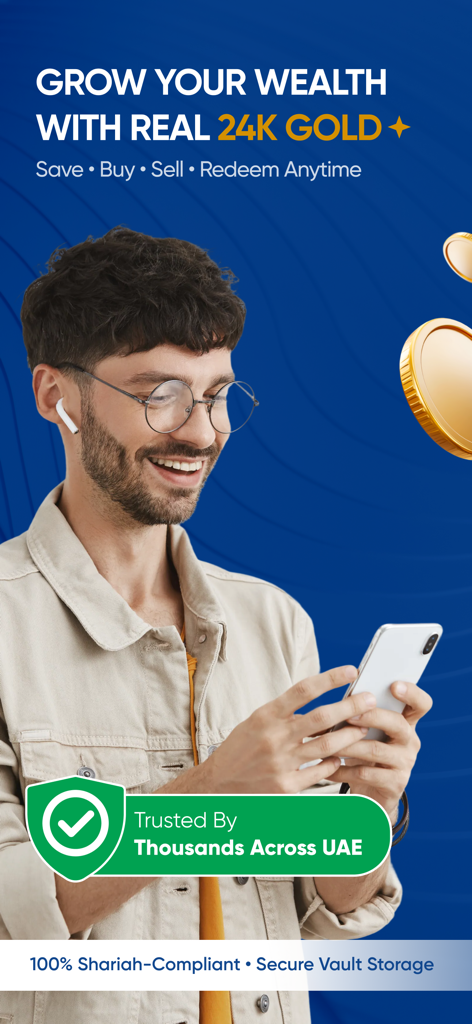 Just Gold - A man using the Just Gold app on his smartphone to invest in 24K physical gold.