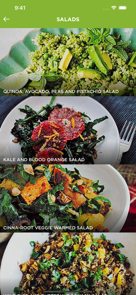 Garden Plate Pro - L'application mobile Garden Plate Pro présente différentes catégories de recettes de salades saines avec des photos culinaires appétissantes.