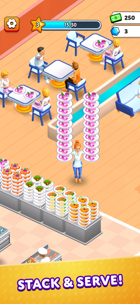 A waitress carrying tall stacks of food plates to customers in a busy restaurant within Suzys Food Restaurant Game