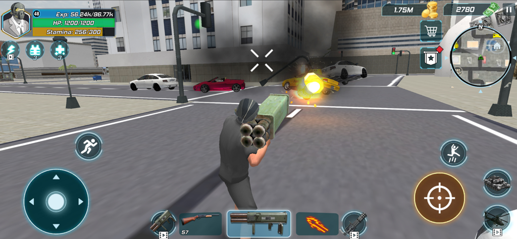 Monster Battle Series - Un jugador usando un arma pesada de múltiples cañones en una calle de la ciudad del juego Monster Battle Series