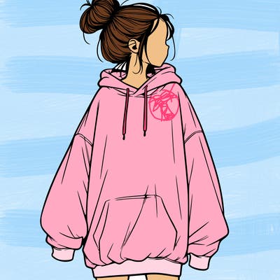 realistic girl with a oversized sweatshirt on and a bun