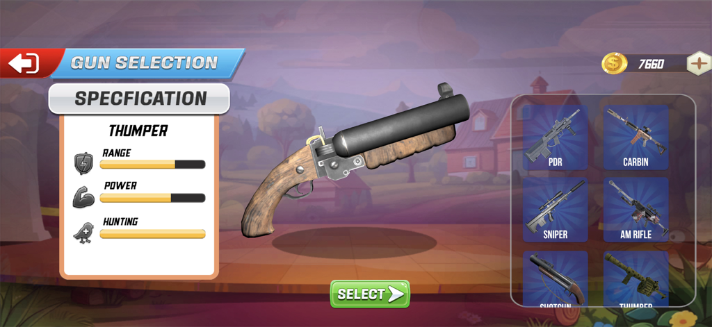 Hunting Games Bird Hunter 2025 - Bird Hunter 2025 gun selection screen showing weapon specifications and available firearms.