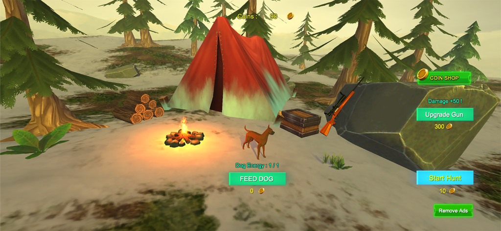 Duck Hunt X Duck hunting games - Una escena 3D de un campamento de caza en Duck Hunt X con un perro, una fogata y opciones de mejora de armas