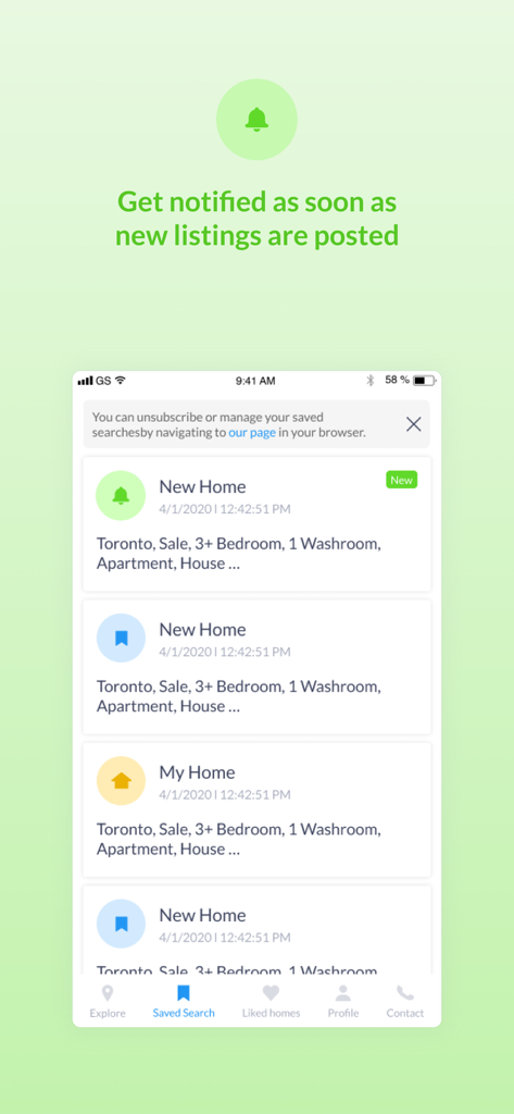 Interface mostrando alertas em tempo real para novas listagens de propriedades no aplicativo Localizador de Imóveis