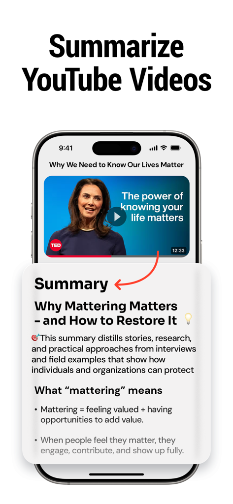 A screenshot showing the Benote app summarizing a TED talk YouTube video into structured notes and key takeaways.