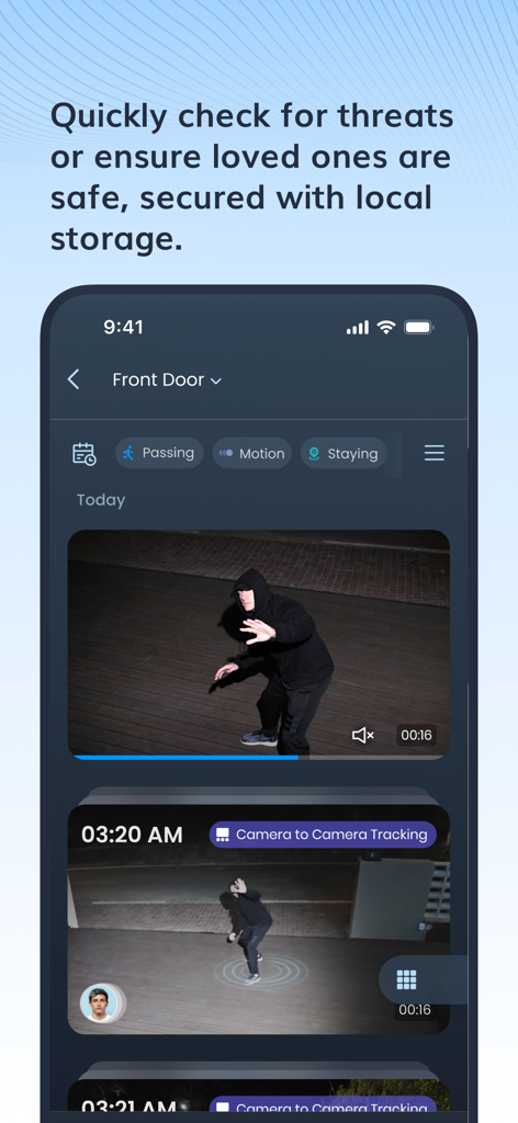 Aosu app screen showing a list of recorded security camera events with motion detection clips and timestamps.