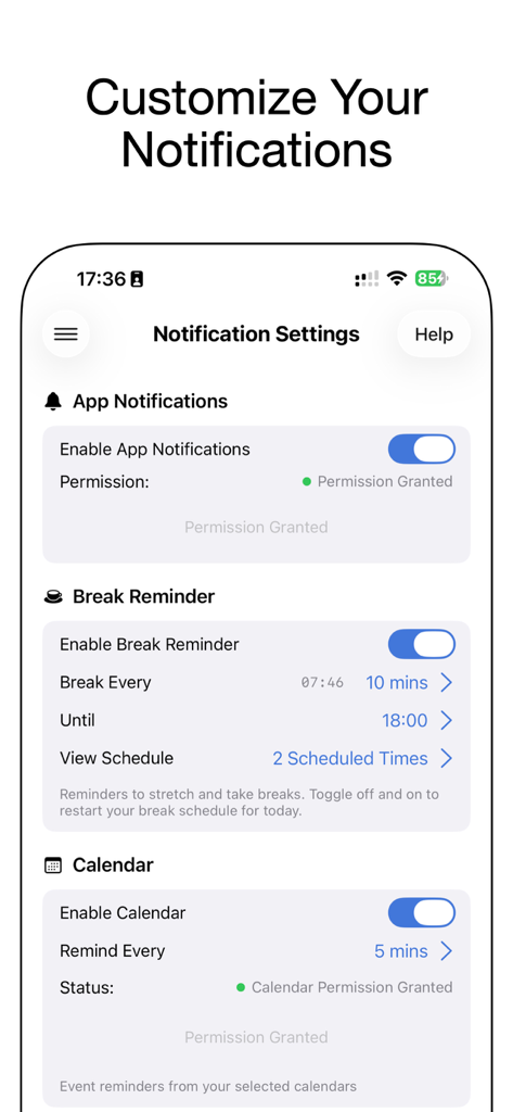 NotiSprite: Smart Desktop Pet - Oberfläche der NotiSprite-App, die Benachrichtigungseinstellungen für Pausenerinnerungen und Kalenderwarnungen anzeigt.