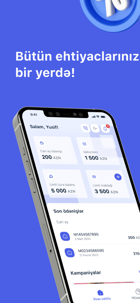 Ferrum Capital mobile app interface showing financial dashboard with account balance and payment history in Azerbaijani