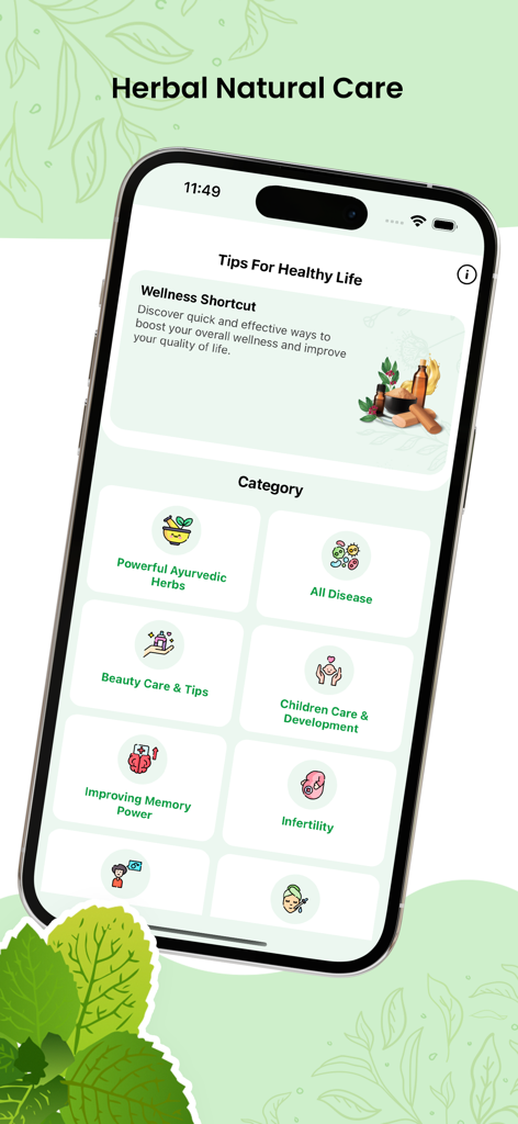 Herbal Natural Care - Ayurveda - Herbal Natural Care Ayurvedaアプリのインターフェース。強力なアーユルヴェーダハーブやビューティーケアなどのウェルネスカテゴリが表示されています。
