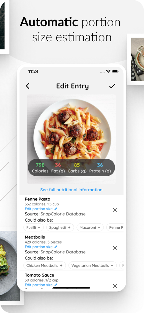 SnapCalorie AI app screen showing automatic portion size estimation and nutritional breakdown for a pasta dish