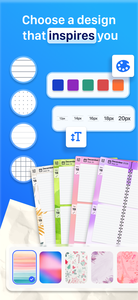 Digital planner customization menu showing different paper types color palettes and aesthetic cover designs
