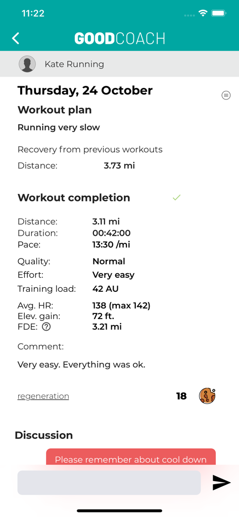 Panel de la aplicación Good Coach que muestra métricas detalladas de finalización del entrenamiento y discusión entre atleta y entrenador.