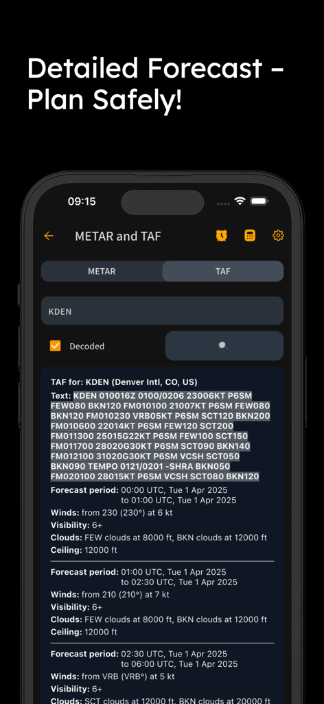 E6B+ E6B Flight Calculator - Decoded TAF aviation weather forecast for Denver International Airport displayed on a mobile app interface