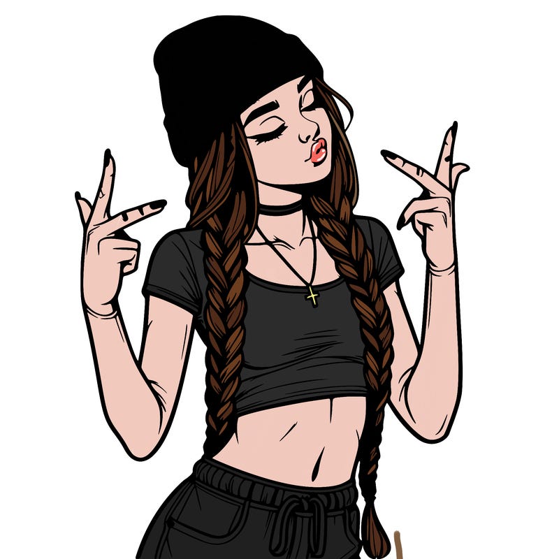 realistic teenage girl with braids and a beanie and crop top doing 🫶🏼