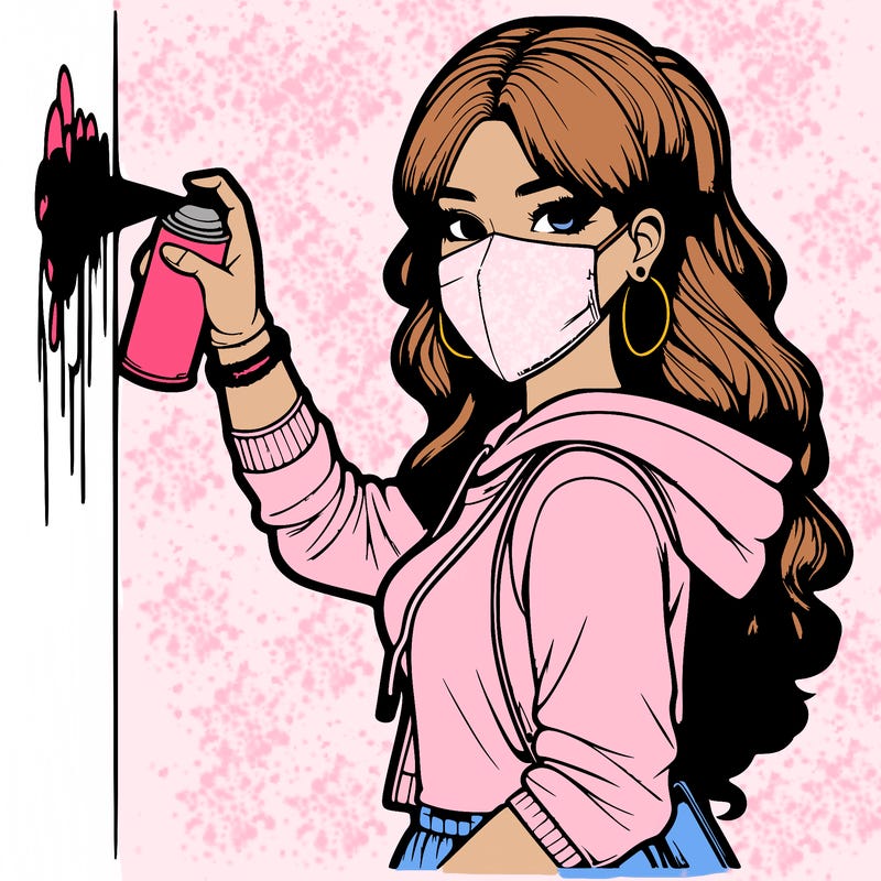 realistic girl with mask spray painting a wall