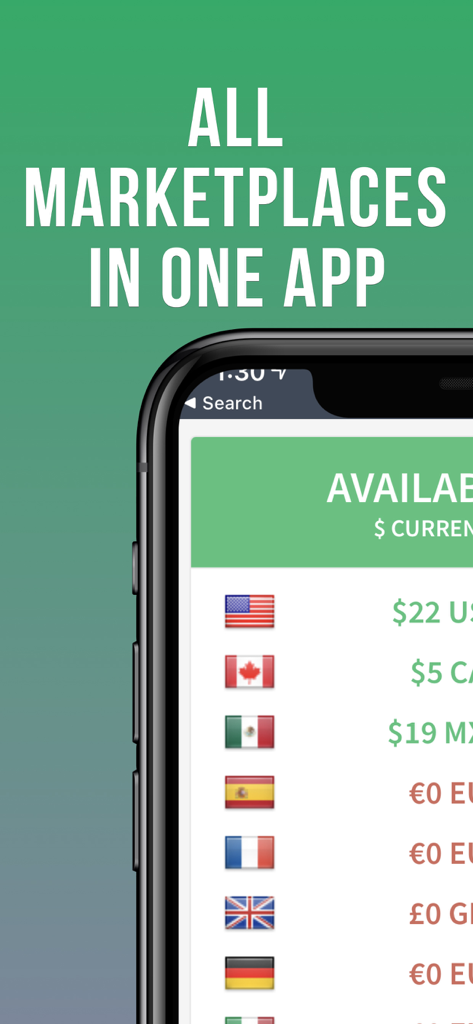 Un dashboard nell'app Shopkeeper che mostra le cifre di vendita Amazon in più marketplace globali come USA, Canada e Messico.