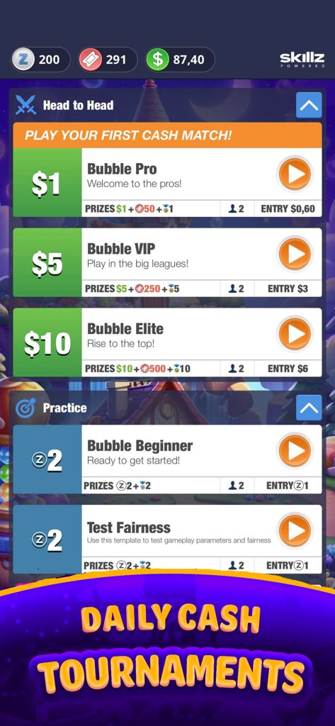 Real Cash Bubble Buzz Shooter - The head-to-head cash match selection screen in the Real Cash Bubble Buzz Shooter app showing entry fees and prizes.