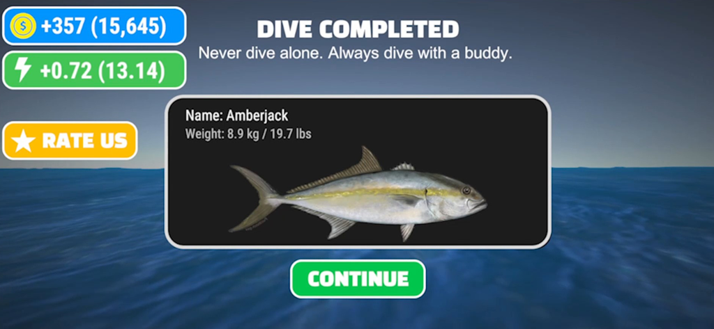 Spearfishing Simulator - A summary screen in Spearfishing Simulator showing an Amberjack fish catch and dive rewards