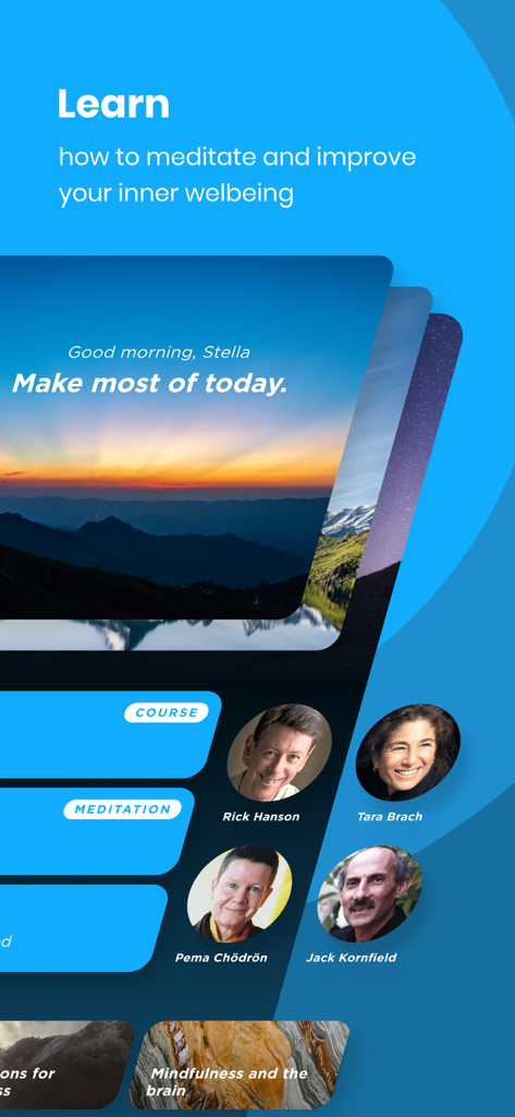 Interface do The Mindfulness App mostrando uma seção de aprendizado com cursos de meditação e professores de renome mundial como Rick Hanson e Tara Brach.