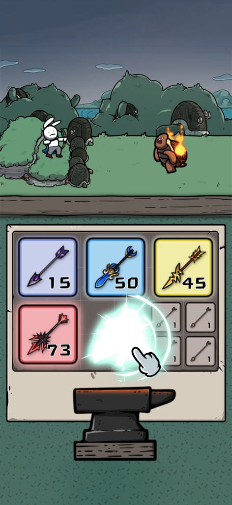A white rabbit archer battles a turtle monster while merging arrows in the Archer Forest idle defense game interface