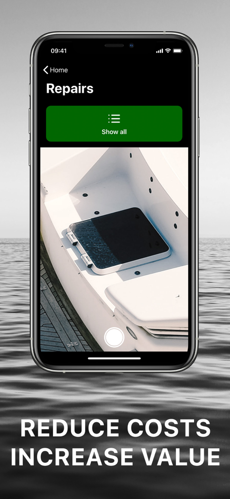 Yacht Manager App - Smartphone screen showing the Repairs module of the Yacht Manager App with a photo of boat maintenance
