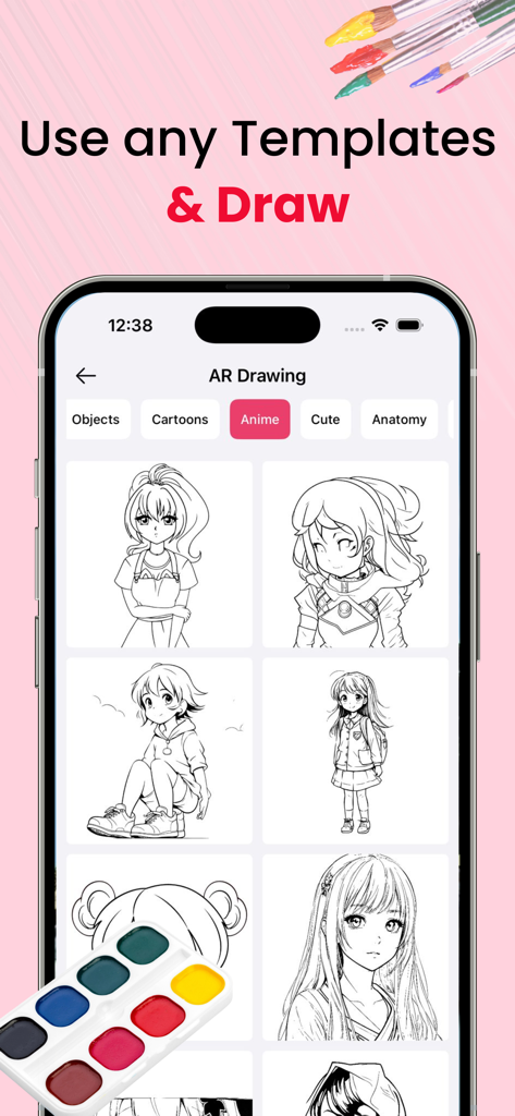 AR Drawing Sketch Paint: Trace - ARトレース用のさまざまなアニメキャラクタースケッチテンプレートを表示するモバイルアプリのインターフェイス。