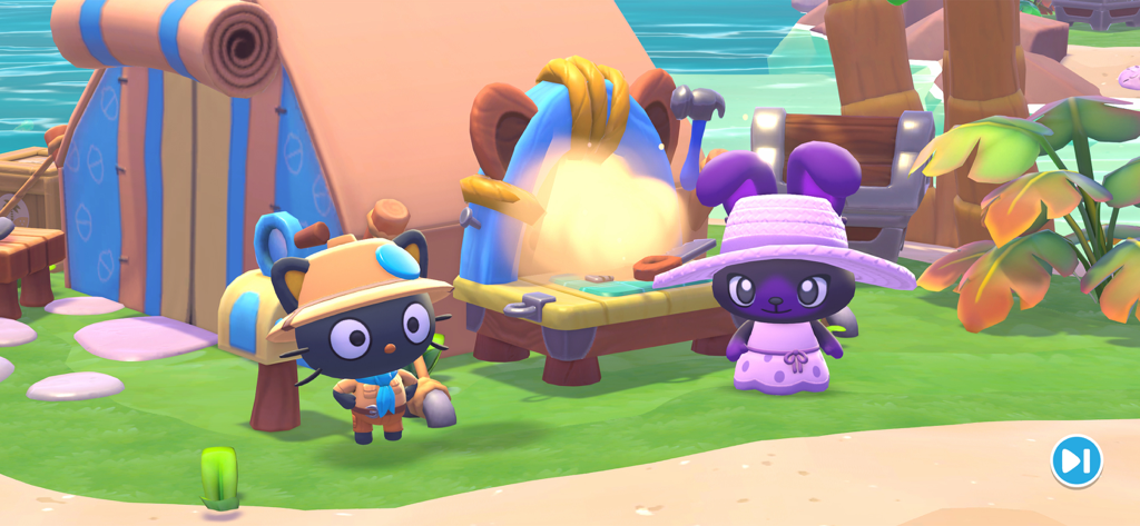 Hello Kitty Island Intro - Chococat y un amigo de pie cerca de una estación de creación en una playa soleada de la isla en Aventura Costera con Hello Kitty.
