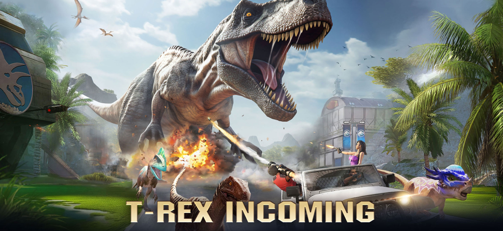 De-Extinct: Jurassic Dinosaurs - A massive T-Rex attacks a mercenary team in a jeep on a tropical island.