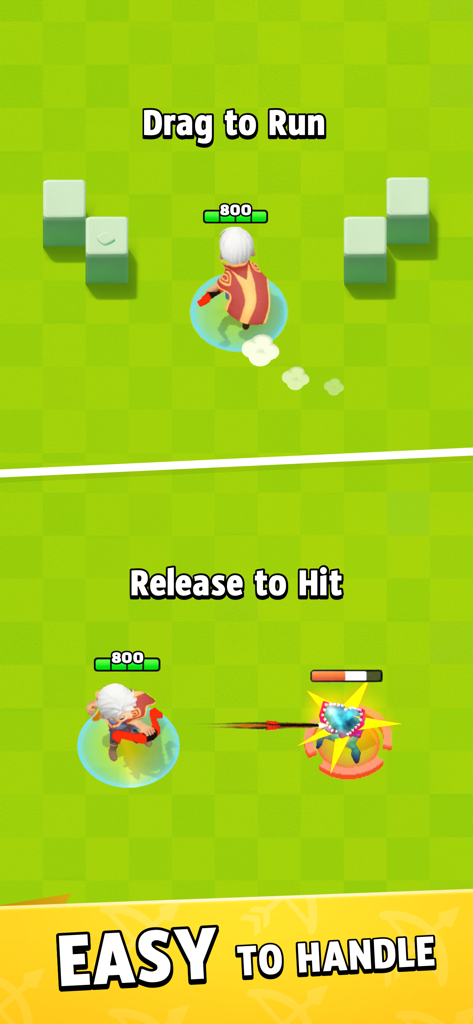 Archero - Captura de pantalla del juego móvil Archero mostrando la mecánica de arrastrar para correr y soltar para disparar