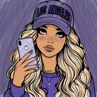 realistic beautiful girl wearing los ángeles cap holding an iphone