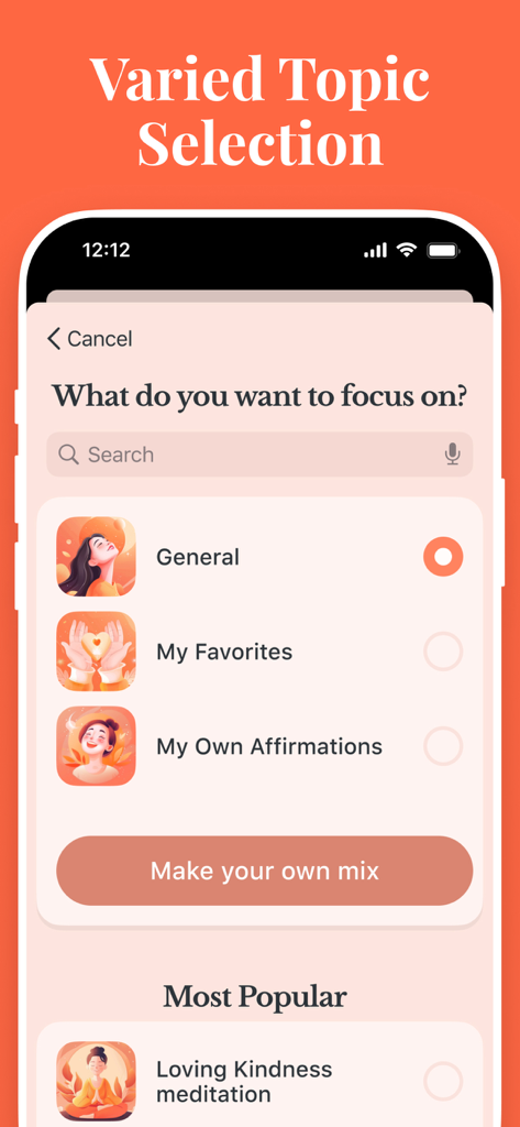 Awake: Motivation Affirmations - Interfaz que muestra la variedad de temas y categorías de afirmaciones en la aplicación Awake