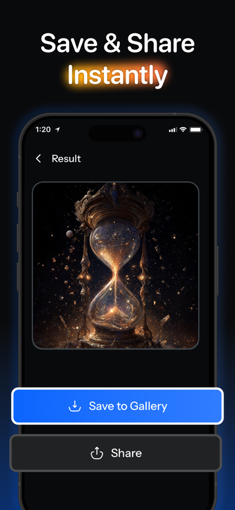 Prompts for Midjourney AI: MLX - Interface of MidQ app showing an AI generated hourglass image with buttons to save to gallery or share instantly.