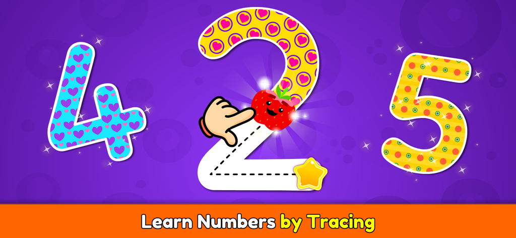 Interactive number tracing game screen featuring colorful digits and a guiding hand for children to learn basic math.