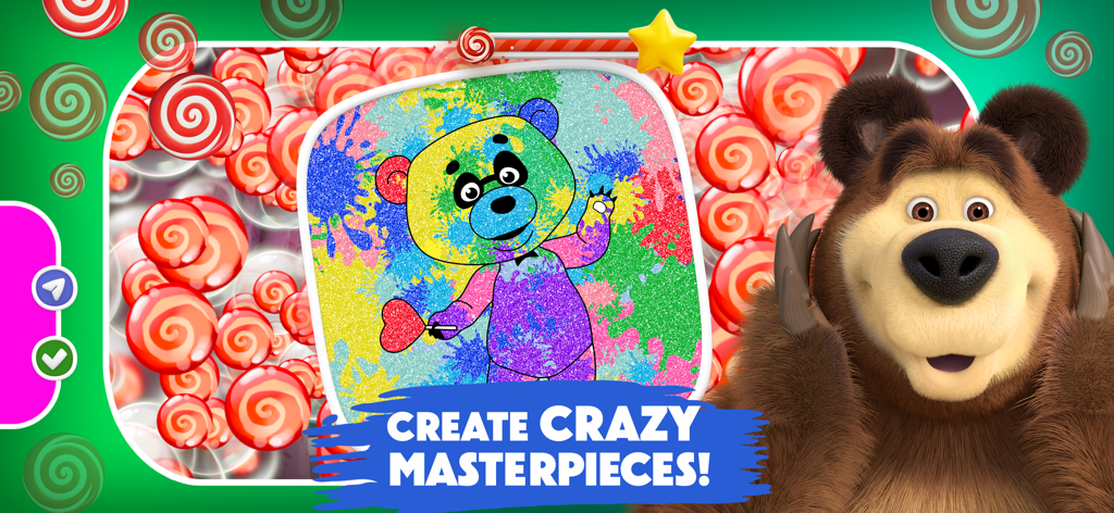 Masha and the Bear POP IT Fun - A colorful bear character painted with vibrant paint splatters in the Masha and the Bear POP IT Fun app